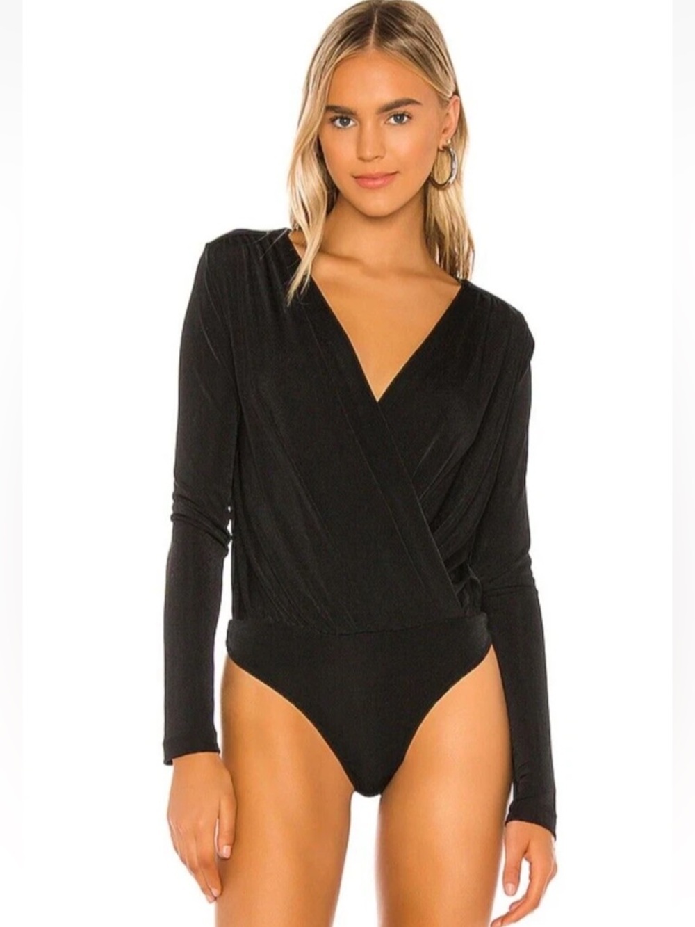 🌻Free People Turnt Bodysuit Black Long Sleeve Plunge Wrap Front Size Small